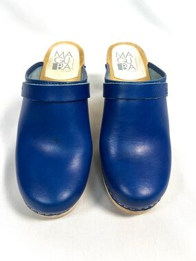 Maguba Sweden Blue Leather Clogs Wedge Heel Wooden Platform EU 38 US 7.5